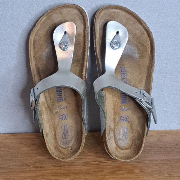 Birkenstock Gizeh Women 37 6 6.5 Silver Birko-Flor Thong Sandals Vegan Leather - Picture 10 of 11